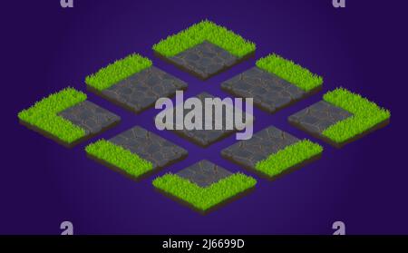 Isometric ground tiles game texture, paving stones with lawn grass. User interface elements for landscaping and world creation. Garden or farm isolate Stock Vector
