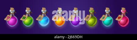 Potion bottles with magic elixir and tags, cartoon glass flasks with clover, snowflake, fire, skull, flash, heat and unknown witch poisons. Ui game as Stock Vector