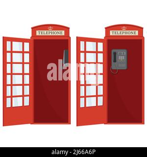 Red telephone booth with open door, color vector isolated cartoon-style illustration. Stock Vector