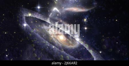 Abstract space wallpaper with circle of black hole and nebula over colorful stars and cloud fields in outer space. Elements of this image furnished by Stock Photo