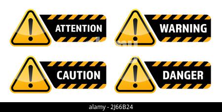 Warning vector signs. Attention sign, warning sign, caution sign, danger sign. Exclamation mark. Danger Zone. Stock Vector