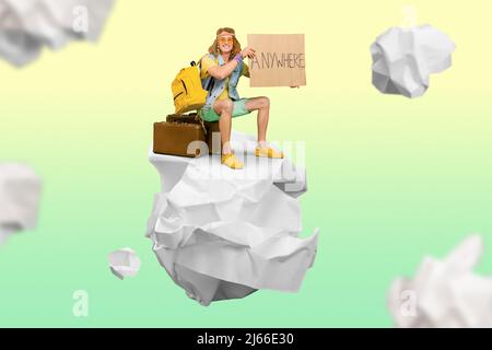 Fantasy photo picture young hippie sitting his luggage catch transport among lots crumpled paper balls creative background Stock Photo