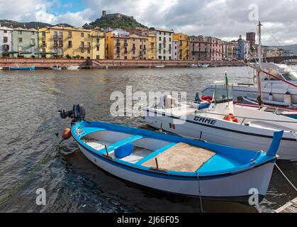 Boats on Temo River and Castle of Serravalle, Bosa, Sardinia, Italy Stock Photo