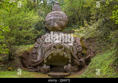 Monster Park, Bosco Sacro in Bomarzo, Italy, Lazio. Gardens of Bomarzo, enigmatic and grotesque, mythological sculptures. Sculpture by Proteo Glauco, Stock Photo