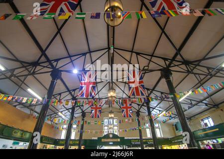 Inside the market hall in Nantwich, Cheshire, UK Stock Photo