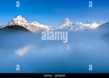 Nebelschwaden ueber dem Bachsee in den Schweizer Alpen bei First oberhalb Grindelwald, Spiegelung von Wetterhorn, 3704 m, Schreckhorn, 4078 m und Stock Photo