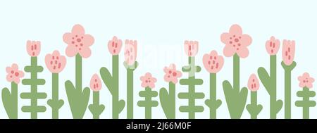 naive childish flowers and leaves, seamless border pattern in trendy flat minimalist style. Stock Vector