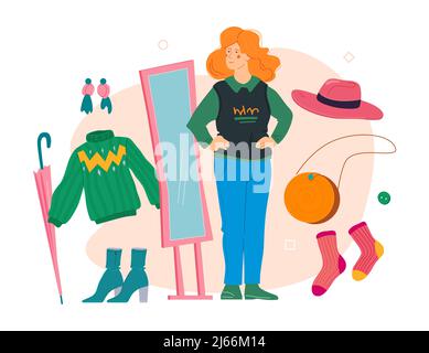 Trying on clothes and accessories - modern colored vector poster Stock Vector