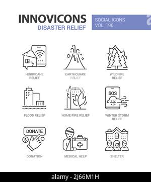 Natural disaster relief - line design style icons set Stock Vector