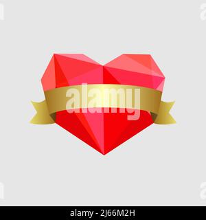 Creative heart icon. Heart lovely stained-glass red colored shape and  shiny gold ribbon. Isolated abstract graphic design template. Decorative empty Stock Vector