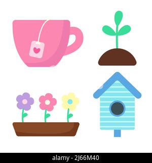 Set of spring elements. Cup with tea, young plant, flowers in pot and birdhouse. Print for sticker pack, clothes, textile, seasonal design and decor Stock Vector