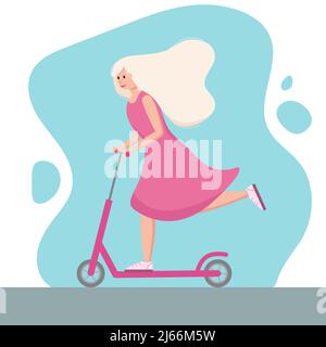 Young woman with beautiful blonde hair riding kick scooter. Nice girl in pink dress. Sports outdoor activity, active vacation. Personal electric and Stock Vector