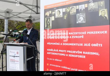 Prague, Czech Republic. 28th Apr, 2022. Prague Mayor Zdenek Hrib attends public reading of Holocaust victims' names on the occasion of Yom HaShoah in Prague, Czech Republic, on April 28, 2022. Credit: Katerina Sulova/CTK Photo/Alamy Live News Stock Photo