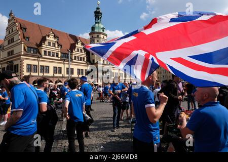 Sachsen, Germany. 28th Apr, 2022. Glasgow Rangers fans gather at the market square. In the evening, the European League match RB Leipzig - Gasgow Rangers will take place. Credit: Sebastian Willnow/dpa/Alamy Live News Stock Photo