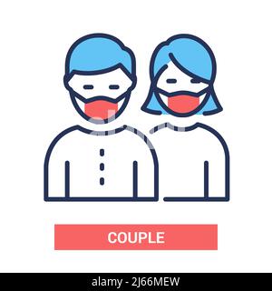 Couple with masks - vector line design single isolated icon Stock Vector
