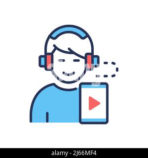 Listen to music through the app - vector line design single icon Stock Vector