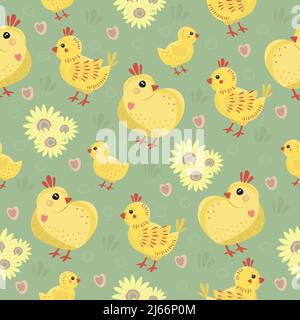 Seamless pattern with chicks and sunflowers, green background Stock Vector