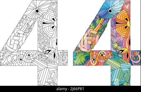 Four number Isolated zentangle illustration for coloring. Color and outline set Stock Vector