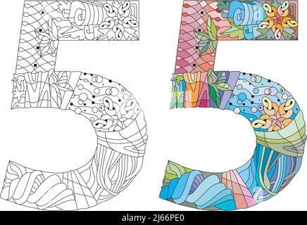 Five number Isolated zentangle illustration for coloring. Color and outline set Stock Vector
