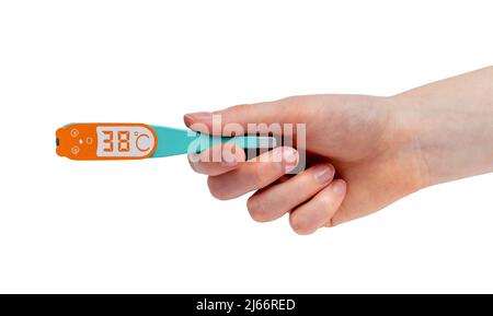 Woman hand with thermometer model showing high body temperature 38 isolated on white background. Fever, health problems, illness symptom concept. High quality photo Stock Photo