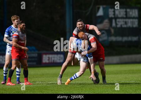Halifax, England -24th April 2022 - Lachlan Walmsley of Halifax Panthers tackled. Rugby League Betfred Super Championship Halifax Panthers vs Barrow Raiders at Shay Stadium, Halifax, UK  Dean Williams Stock Photo