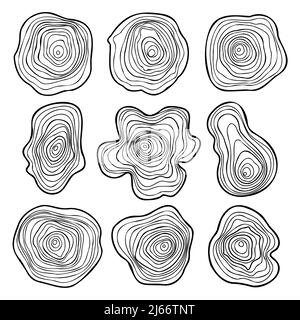 Cut of tree trunk, abstract tree rings set, wavy rings of life, concentric hand drawn circles, wood age, print vector illustration Stock Vector