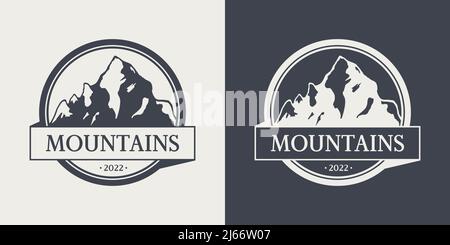 Vector Ventage Labels with Hand Drawn Mountains. 2022. Illustration for Ski Resort, Hiking, Climbing, Mountain Biking Logo Set. Drawing Winter Stock Vector