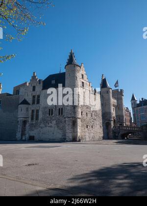Antwerp, Belgium, April 17, 2022, Castle Het Steen and Steenplein, the oldest preserved building in Antwerp Stock Photo
