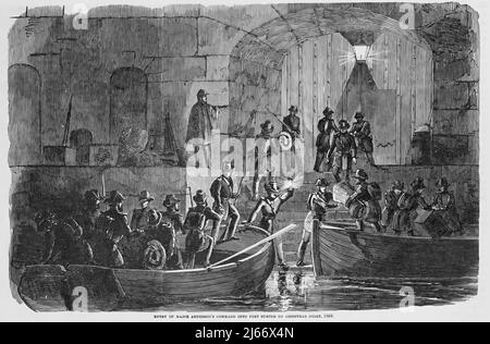 Entry of Major Robert Anderson's Command into Fort Sumter on Christmas Night, December 1860, in the American Civil War. 19th century illustration