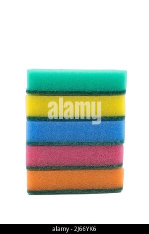 Multi-colored sponges for household work from foam rubber, stack, on a white background. Stock Photo