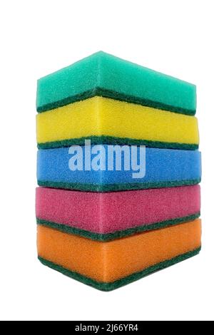 Multi-colored sponges for household work from foam rubber, stack, on a white background. Stock Photo