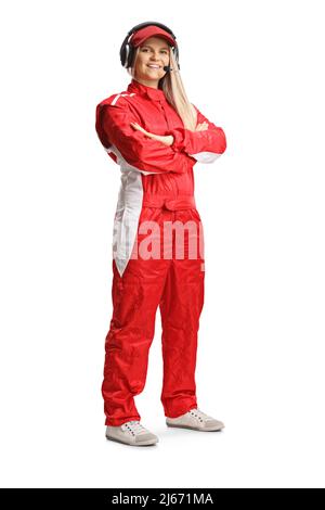Female race team member in a red suit posing isolated on white background Stock Photo