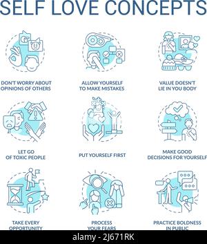 Self love turquoise concept icons set Stock Vector