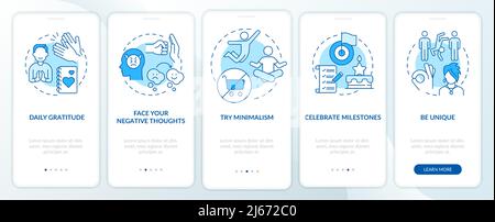 Exercises for self appreciation blue onboarding mobile app screen Stock Vector