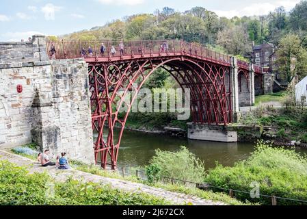 The Iron Bridge is a cast iron arch bridge that crosses the River Severn in Shropshire, England. Opened in 1781,The first major bridge from cast iron. Stock Photo