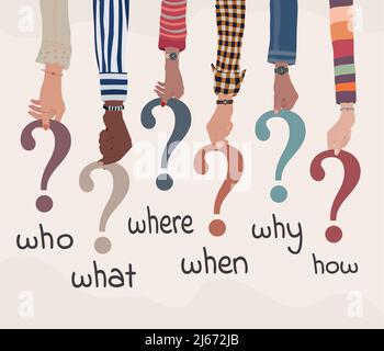 People arms holding in hand colorful question marks with Who-what-where-when-why-how text.Investigate and solve questions. Problem solving Stock Vector