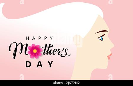 Happy Mothers day elegant lettering with beautiful woman on pink background. Best mom ever, greeting card. Vector illustration Stock Vector