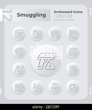 Smuggling goods embossed icons set Stock Vector