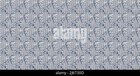 French blue botanical leaf linen seamless border with 2 tone country cottage style motif. Simple vintage rustic fabric textile effect. Primitive Stock Photo