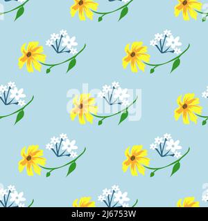 Beautiful yellow and white flowers with leaves isolated on light background is in Seamless pattern - vector illustration Stock Vector