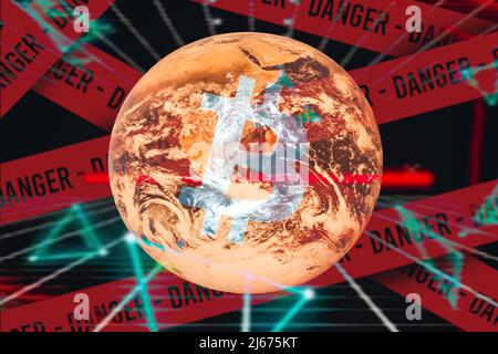 Creative conceptual illustration with Bitcoin logo, earth globe and danger sign Stock Photo