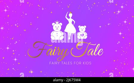 Fairy Tale for Kids Purple Illustration Background Design with a Bears and Dancing Princess Stock Vector