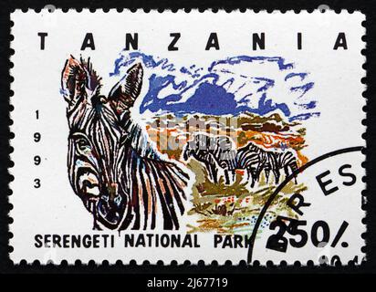 TANZANIA - CIRCA 1993: a stamp printed in Tanzania shows Serengeti National Park, circa 1993 Stock Photo