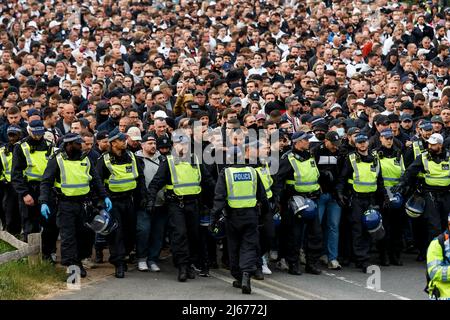 London, UK. 28th Apr, 2022. Eintracht Frankfurt fans arrive before the UEFA Europa League Semi Final first leg match between West Ham United and Eintracht Frankfurt at London Stadium on April 28th 2022 in London, England. (Photo by Daniel Chesterton/phcimages.com) Credit: PHC Images/Alamy Live News Stock Photo