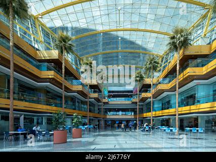 atrium of the Renaissance Center (or GM Renaissance Center and nicknamed the RenCen), a group of seven skyscrapers in Downtown Detroit, Michigan, USA Stock Photo