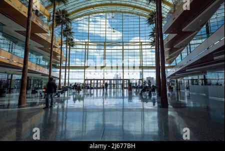 atrium of the Renaissance Center (or GM Renaissance Center and nicknamed the RenCen), a group of seven skyscrapers in Downtown Detroit, Michigan, USA Stock Photo