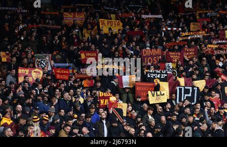 Leicester, UK. 28th April 2022.   Roma fans during the UEFA Europa Conference League match at the King Power Stadium, Leicester. Picture credit should read: Darren Staples / Sportimage Credit: Sportimage/Alamy Live News Stock Photo