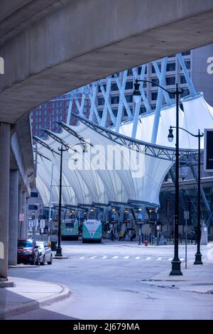 Rosa Parks Transit Center and people mover track, Detroit, Michigan, USA Stock Photo