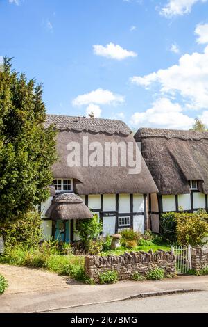 Half timbered black and white thatched country cottages at Ashton under Hill a village in  Worcestershire England.at the foot of the Bredon Hills Stock Photo