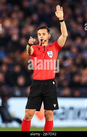 Leicester, UK. 28th Apr, 2022. Referee Carlos del Cerro Grande  during the game Credit: News Images /Alamy Live News Stock Photo